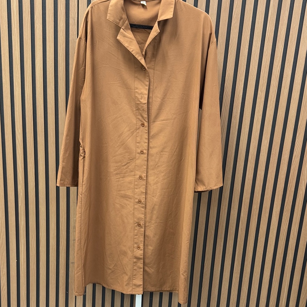 Brown Button-Up Long Shirt Dress With Side Pockets!